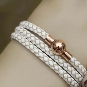 Linx Triple White Leather Braided Cord Bracelet with a Rose Gold Magnetic Clasp